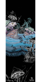 Float into the surreal world of the 11/12 Shaman Fine Art Print by Icelantic, where illustrated turtles with cabin-like shells drift over blue waters amid black-and-white mushrooms and abstract musical notes. A figure in a hat gently paddles a boat through this whimsical scene, making this fine art print an enchanting choice to bring distinctive charm and creativity to any space.