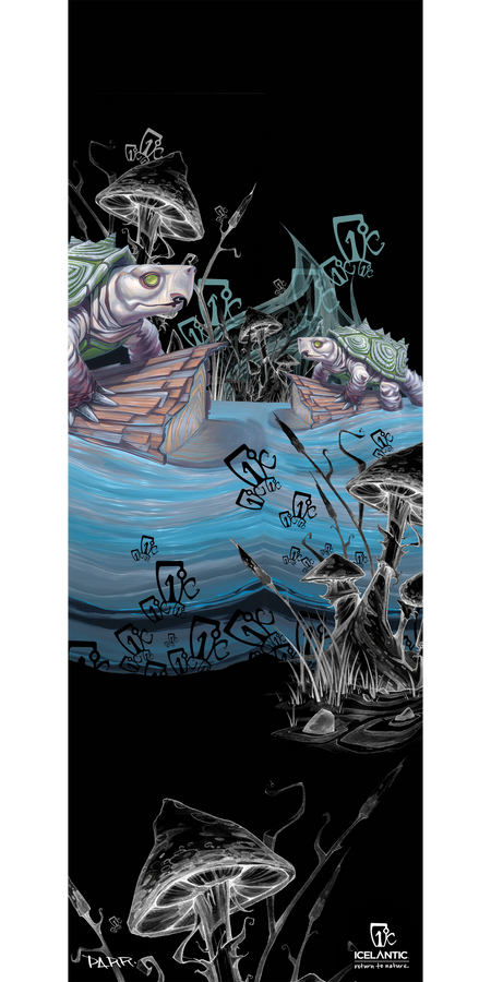 Float into the surreal world of the 11/12 Shaman Fine Art Print by Icelantic, where illustrated turtles with cabin-like shells drift over blue waters amid black-and-white mushrooms and abstract musical notes. A figure in a hat gently paddles a boat through this whimsical scene, making this fine art print an enchanting choice to bring distinctive charm and creativity to any space.