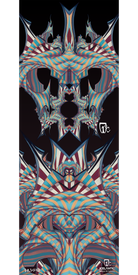 Experience the captivating "12/13 Da' Nollie Fine Art Print" by Icelantic, featuring abstract digital artwork with interwoven, wavy stripes in blue, orange, and beige that form symmetrical, mask-like shapes against a dark background. Available as a giclee print or wrapped canvas, this distinctive piece includes small artist and Icelantic logos near the center and bottom right—an eye-catching addition to any fine art collection.