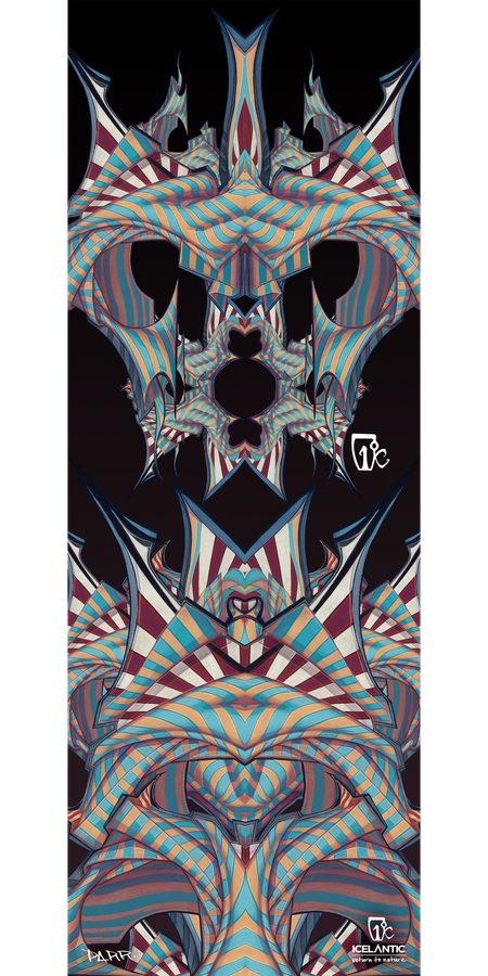 Experience the captivating "12/13 Da' Nollie Fine Art Print" by Icelantic, featuring abstract digital artwork with interwoven, wavy stripes in blue, orange, and beige that form symmetrical, mask-like shapes against a dark background. Available as a giclee print or wrapped canvas, this distinctive piece includes small artist and Icelantic logos near the center and bottom right—an eye-catching addition to any fine art collection.