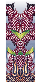 Introducing the 12/13 Gemini Fine Art Print by Icelantic—an abstract digital artwork featuring symmetrical, striped patterns in purple, red, green, orange, and white. The design creates an illusion of layered, mirrored shapes set against a gradient blue and white background. Available as fine art prints or wrapped canvas options to enhance any space. Logos are positioned at the bottom right.