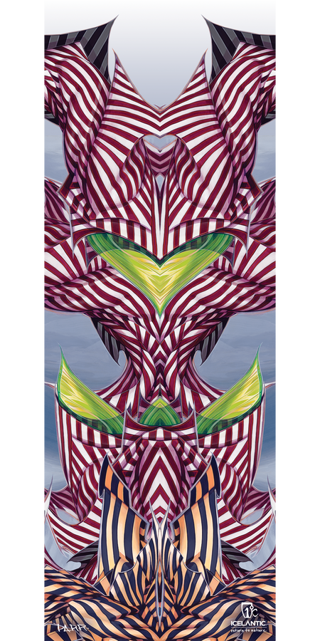 Introducing the 12/13 Gemini Fine Art Print by Icelantic—an abstract digital artwork featuring symmetrical, striped patterns in purple, red, green, orange, and white. The design creates an illusion of layered, mirrored shapes set against a gradient blue and white background. Available as fine art prints or wrapped canvas options to enhance any space. Logos are positioned at the bottom right.