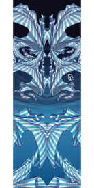 Experience "12/13 Gypsy Fine Art Print" by Icelantic—a striking abstract digital artwork featuring blue and white striped geometric shapes arranged into a symmetrical, mask-like face against a deep blue background. This piece is available as a giclee print or wrapped canvas and includes the Icelantic logo and the artist's signature near the bottom.