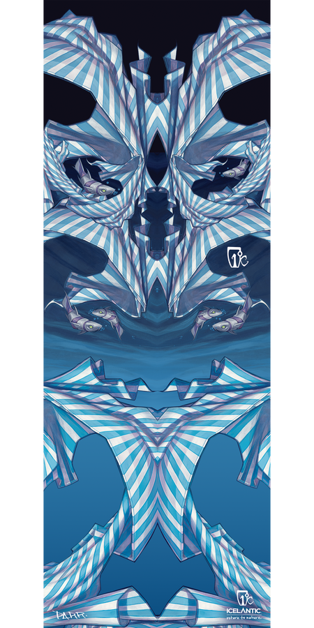 Experience "12/13 Gypsy Fine Art Print" by Icelantic—a striking abstract digital artwork featuring blue and white striped geometric shapes arranged into a symmetrical, mask-like face against a deep blue background. This piece is available as a giclee print or wrapped canvas and includes the Icelantic logo and the artist's signature near the bottom.