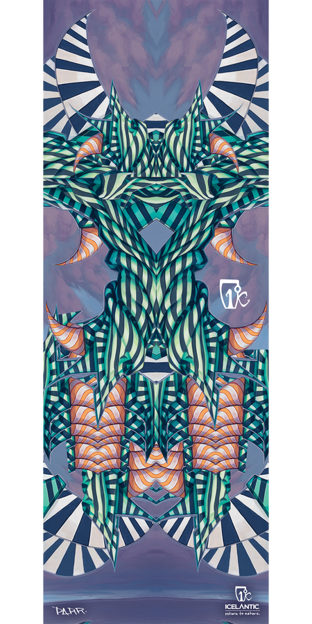 Introducing the 12/13 Keeper Fine Art Print by Icelantic: This artwork features a symmetrical abstract geometric composition, showcasing teal, white, and orange striped shapes set against a rich purple background with both curved and angular forms. Available as a fine art print or giclée print on wrapped canvas, each piece includes visible Icelantic branding and artist signatures at the bottom.