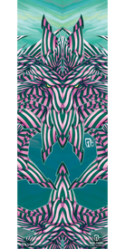 Featuring an abstract design with pink, white, and green striped shapes forming a mirrored, symmetrical pattern over a teal background for an optical illusion effect, the 12/13 Nomad RKR Fine Art Print by Icelantic is available as a fine art print or giclee print on wrapped canvas. The Icelantic logo is displayed at the bottom right corner.