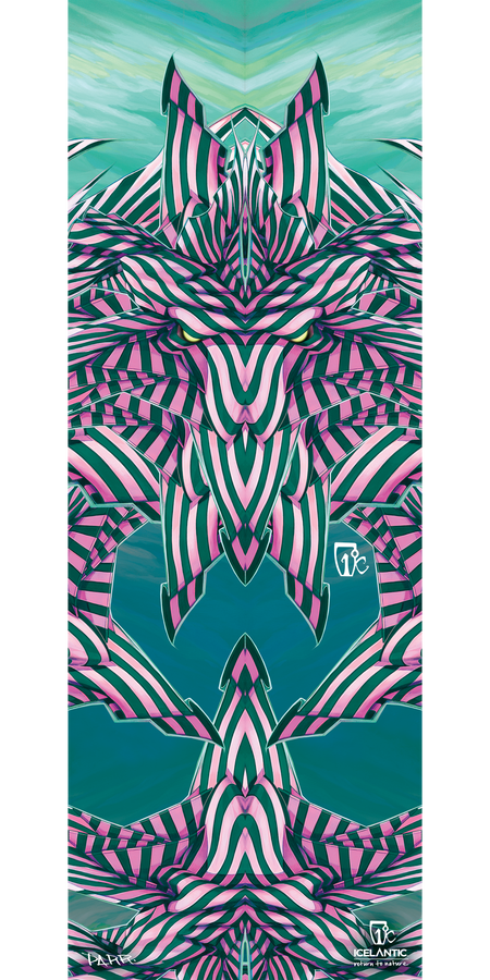 Featuring an abstract design with pink, white, and green striped shapes forming a mirrored, symmetrical pattern over a teal background for an optical illusion effect, the 12/13 Nomad RKR Fine Art Print by Icelantic is available as a fine art print or giclee print on wrapped canvas. The Icelantic logo is displayed at the bottom right corner.