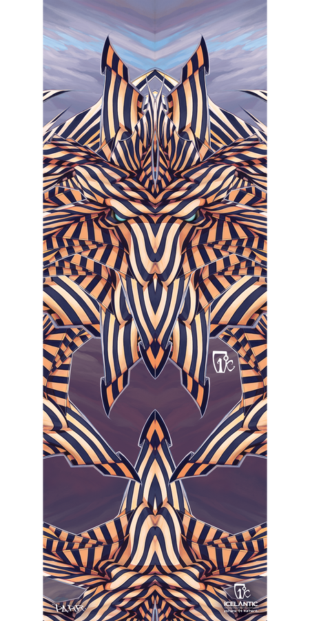 Discover the 12/13 Nomad Fine Art Print by Icelantic, featuring a bold and symmetrical depiction of a fox’s face created from interwoven navy, peach, and white striped patterns. Set against a purple, cloudy sky background, the artwork’s stylized angular shapes bring modern flair to any space—a perfect statement piece for art lovers.