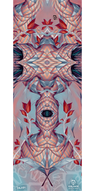 The 12/13 Oracle Fine Art Print by Icelantic showcases abstract symmetrical artwork with geometric shapes, leaves, and a central eye, all rendered in soft pink, blue, and orange tones. Logos and text are included at the bottom of the piece. This complex and visually layered design makes an ideal choice for fine art prints or a striking giclee print on wrapped canvas to elevate any space.