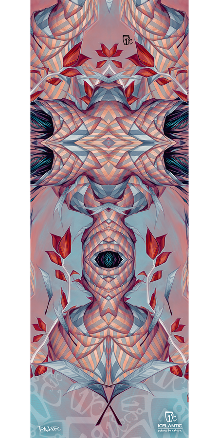 The 12/13 Oracle Fine Art Print by Icelantic showcases abstract symmetrical artwork with geometric shapes, leaves, and a central eye, all rendered in soft pink, blue, and orange tones. Logos and text are included at the bottom of the piece. This complex and visually layered design makes an ideal choice for fine art prints or a striking giclee print on wrapped canvas to elevate any space.