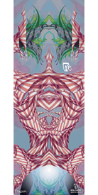 Discover the "12/13 Pilgrim Fine Art Print" by Icelantic—an abstract digital artwork featuring symmetrical pink, white, and green patterns reminiscent of a futuristic mask or creature. Set against a light blue background adorned with logos and text at the bottom, this striking piece is available as a fine art print or giclee print on wrapped canvas for a stunning display.