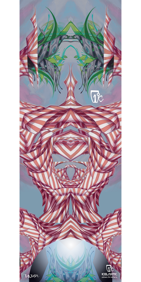 Discover the "12/13 Pilgrim Fine Art Print" by Icelantic—an abstract digital artwork featuring symmetrical pink, white, and green patterns reminiscent of a futuristic mask or creature. Set against a light blue background adorned with logos and text at the bottom, this striking piece is available as a fine art print or giclee print on wrapped canvas for a stunning display.