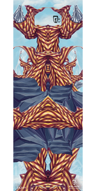 The 12/13 Scout Fine Art Print by Icelantic features abstract geometric artwork with bold orange and yellow stripes, rocky blue shapes, icy mountain peaks, and two “Icelantic” logos. Its symmetrical design creates a dynamic pattern reminiscent of both rocks and fabric—making it an eye-catching choice for striking fine art prints as a giclée or wrapped canvas in any modern space.