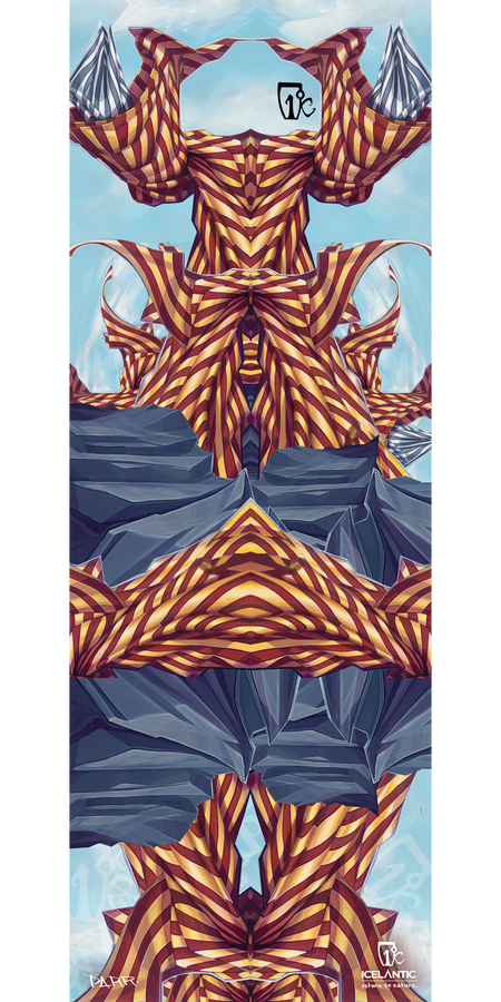The 12/13 Scout Fine Art Print by Icelantic features abstract geometric artwork with bold orange and yellow stripes, rocky blue shapes, icy mountain peaks, and two “Icelantic” logos. Its symmetrical design creates a dynamic pattern reminiscent of both rocks and fabric—making it an eye-catching choice for striking fine art prints as a giclée or wrapped canvas in any modern space.