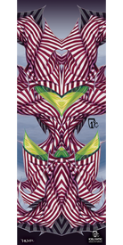 Introducing the 12/13 Seeker Fine Art Print by Icelantic: This abstract artwork showcases symmetrical, angular forms in maroon and white stripes, highlighted by green and yellow leaf-inspired accents. Set against a gradient blue-gray background, the piece includes visible Icelantic logos and artist signatures at the corners. Available as a wrapped canvas or fine art print.