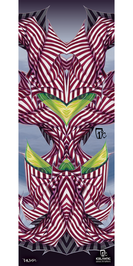 Introducing the 12/13 Seeker Fine Art Print by Icelantic: This abstract artwork showcases symmetrical, angular forms in maroon and white stripes, highlighted by green and yellow leaf-inspired accents. Set against a gradient blue-gray background, the piece includes visible Icelantic logos and artist signatures at the corners. Available as a wrapped canvas or fine art print.