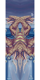 Immerse yourself in the 12/13 Shaman Fine Art Print by Icelantic, featuring abstract digital artwork with mirrored, striped shapes reminiscent of a mask set against swirling blue water. Cool tones and bold geometric patterns define this piece, while the signature and Icelantic branding in the bottom corners add distinctive touches. Perfect as a fine art print or a striking wrapped canvas, this artwork is sure to elevate any space.