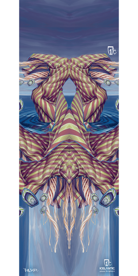 Immerse yourself in the 12/13 Shaman Fine Art Print by Icelantic, featuring abstract digital artwork with mirrored, striped shapes reminiscent of a mask set against swirling blue water. Cool tones and bold geometric patterns define this piece, while the signature and Icelantic branding in the bottom corners add distinctive touches. Perfect as a fine art print or a striking wrapped canvas, this artwork is sure to elevate any space.