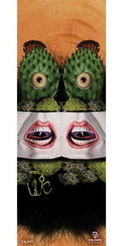 Discover the 13/14 Da' Nollie Fine Art Print by Icelantic—an eye-catching giclee print showcasing surreal artwork with two green, cactus-like forms featuring eyes, lips parted to reveal missing teeth, and dynamic abstract textures. Set against a wood-patterned backdrop with logos featured in the bottom corners, this unique piece is ideal for fine art print collectors or anyone seeking a striking addition to their space.