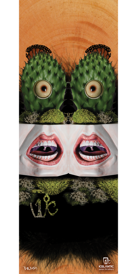 Discover the 13/14 Da' Nollie Fine Art Print by Icelantic—an eye-catching giclee print showcasing surreal artwork with two green, cactus-like forms featuring eyes, lips parted to reveal missing teeth, and dynamic abstract textures. Set against a wood-patterned backdrop with logos featured in the bottom corners, this unique piece is ideal for fine art print collectors or anyone seeking a striking addition to their space.