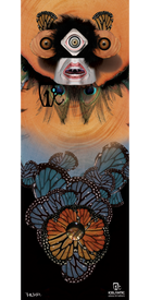 Experience the 13/14 Gemini Fine Art Print by Icelantic—this surreal artwork showcases a one-eyed, fang-toothed creature adorned with feathers, floating above vibrant blue and orange butterflies against a gradient backdrop. Available as a fine art print or on wrapped canvas, it's designed to elevate your space with vivid detail.