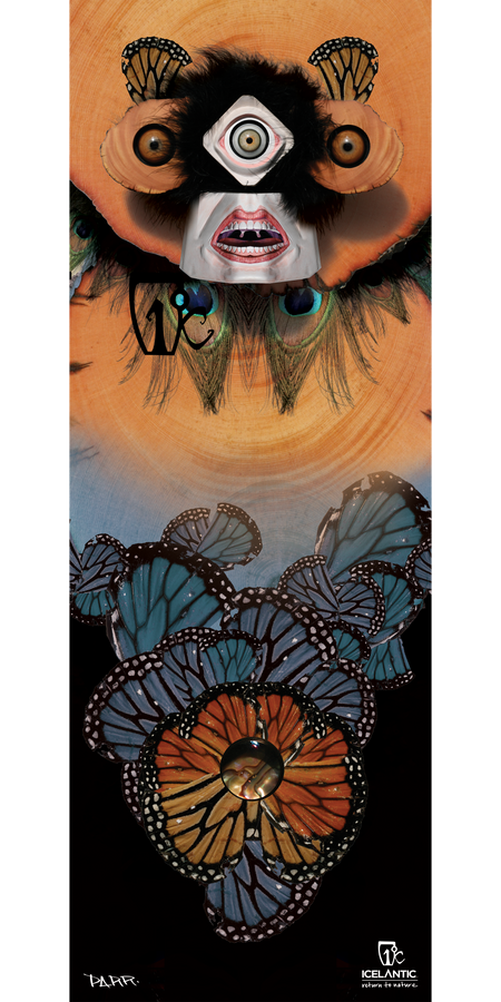 Experience the 13/14 Gemini Fine Art Print by Icelantic—this surreal artwork showcases a one-eyed, fang-toothed creature adorned with feathers, floating above vibrant blue and orange butterflies against a gradient backdrop. Available as a fine art print or on wrapped canvas, it's designed to elevate your space with vivid detail.