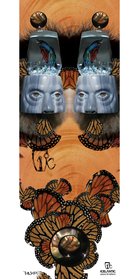 Surreal art featuring mirrored faces, fish in glass jars, fur textures, and monarch butterflies set against a wood background. The design includes the “V” zodiac symbol and the Icelantic logo at the bottom. Offered as the 13/14 Gypsy Fine Art Print by Icelantic — available as a premium fine art print or presented as a striking wrapped canvas giclée for an elevated display.