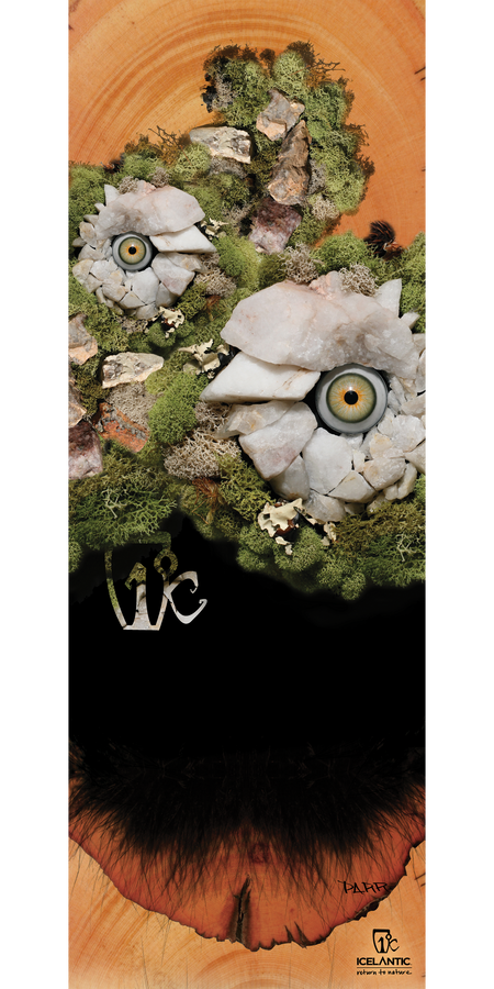 The 13/14 Keeper Fine Art Print by Icelantic features two bird faces artfully composed from white stones, bright yellow eyes, bark, and green moss—each bird’s beak and feathers crafted from natural materials. Set against a rustic tree wood background, the iconic Icelantic logo is displayed at the bottom. Available as a wrapped canvas or fine art print, this striking piece captures every detail in stunning clarity.