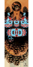 The 13/14 Nomad Fine Art Print by Icelantic showcases a vibrant blue and red Indigenous-style mask design, surrounded by pinecones, feathers, and wood textures, with the Icelantic logo and signature at the bottom—perfect for those who appreciate giclee art prints with a unique cultural flair.