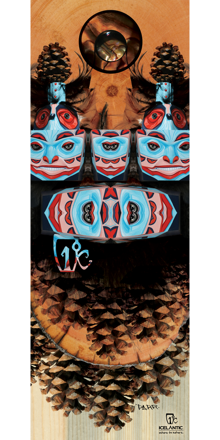 The 13/14 Nomad Fine Art Print by Icelantic showcases a vibrant blue and red Indigenous-style mask design, surrounded by pinecones, feathers, and wood textures, with the Icelantic logo and signature at the bottom—perfect for those who appreciate giclee art prints with a unique cultural flair.