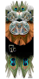 The 13/14 Oracle Fine Art Print by Icelantic showcases a vibrant composition of peacock feathers, crystal-inspired forms, and shimmering iridescent patterns arranged in a symmetrical, mask-like design on a crisp white background, with the Icelantic logo featured at the bottom. Available as a wrapped canvas or giclée print, this striking artwork infuses any space with bold energy and fine art quality.