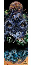 A striking abstract art piece titled "13/14 Pilgrim Fine Art Print" by Icelantic features layered blue, green, and purple geometric shapes forming a symmetrical, mask-like face. Reflective surfaces and circular elements add depth to the design. Available as a fine art print or on wrapped canvas, with the Icelantic logo and text displayed at the bottom.