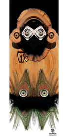 The 13/14 Scout Fine Art Print by Icelantic showcases an abstract face-like figure with wide eyes, a furry black and orange hood, and textured, feather-like patterns below. Available as either a fine art print or a wrapped canvas giclee print, this piece features the Icelantic Skis logo in the bottom right corner.