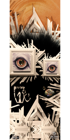 Experience “13/14 Seeker Fine Art Print” by Icelantic—a surreal vertical composition featuring two framed eyes, geometric white structures, a bubble, and a background of layered orange circles that beautifully blend organic and abstract elements. Available as fine art prints or as a giclee print on wrapped canvas.