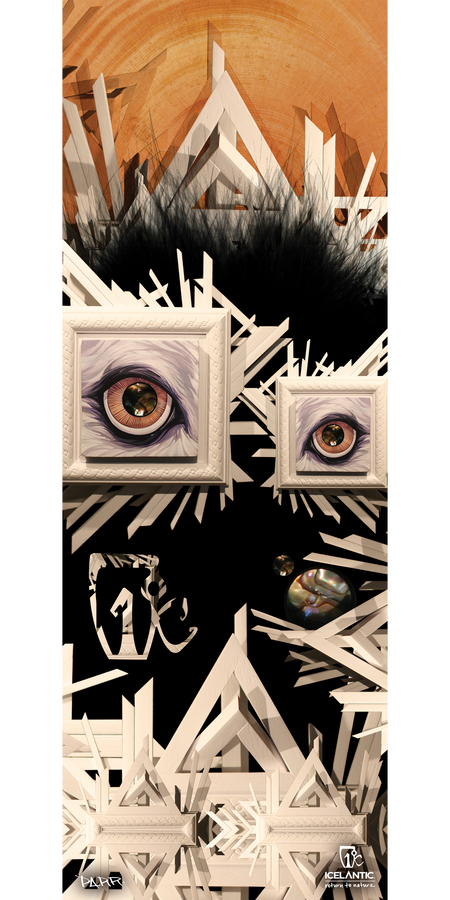 Experience “13/14 Seeker Fine Art Print” by Icelantic—a surreal vertical composition featuring two framed eyes, geometric white structures, a bubble, and a background of layered orange circles that beautifully blend organic and abstract elements. Available as fine art prints or as a giclee print on wrapped canvas.