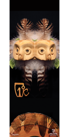 The 13/14 Shaman Fine Art Print by Icelantic features a wooden owl mask with intricately carved eyes, framed by soft brown and white feathers and set against a black background adorned with the Icelantic logo and stylized branding. Available as premium fine art prints or luxurious giclee art prints, this piece is perfect for elevating your space.