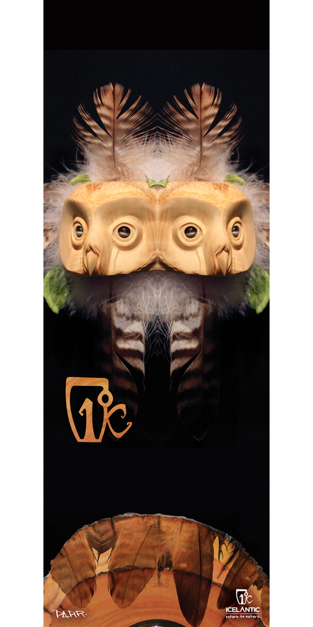 The 13/14 Shaman Fine Art Print by Icelantic features a wooden owl mask with intricately carved eyes, framed by soft brown and white feathers and set against a black background adorned with the Icelantic logo and stylized branding. Available as premium fine art prints or luxurious giclee art prints, this piece is perfect for elevating your space.