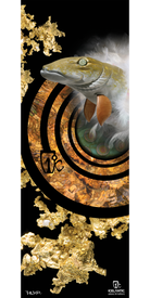 A striking giclee print from Icelantic, the 14/15 Da' Nollie Fine Art Print features a stylized fish with orange fins above golden swirls and textured gold flakes on a black background, with Icelandic text and logos displayed at the bottom.