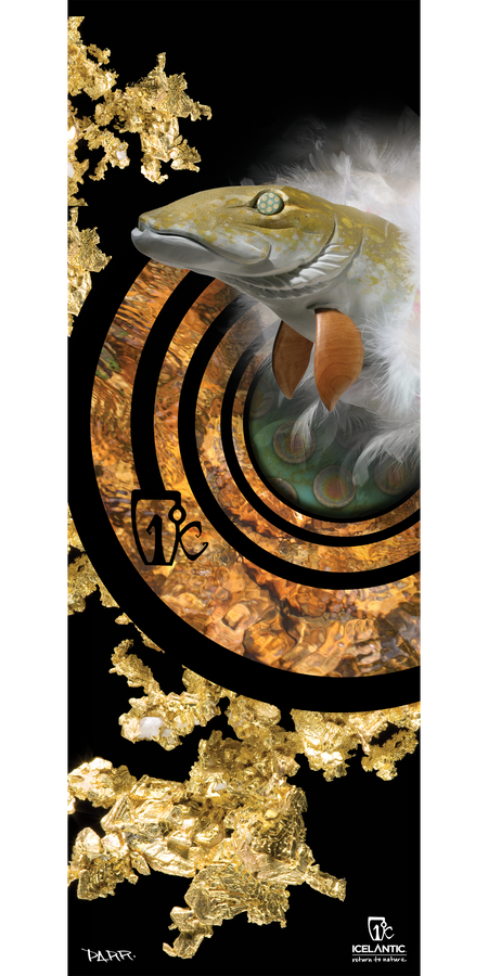 A striking giclee print from Icelantic, the 14/15 Da' Nollie Fine Art Print features a stylized fish with orange fins above golden swirls and textured gold flakes on a black background, with Icelandic text and logos displayed at the bottom.