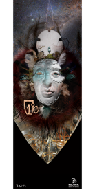 A surreal mask adorned with feathers, shells, and abstract elements is set against a cosmic sky and intricate textures in the "14/15 Gemini Fine Art Print" by Icelantic. Offered as a fine art print or a giclée print on wrapped canvas, this piece features the Icelantic logo in the bottom right corner.