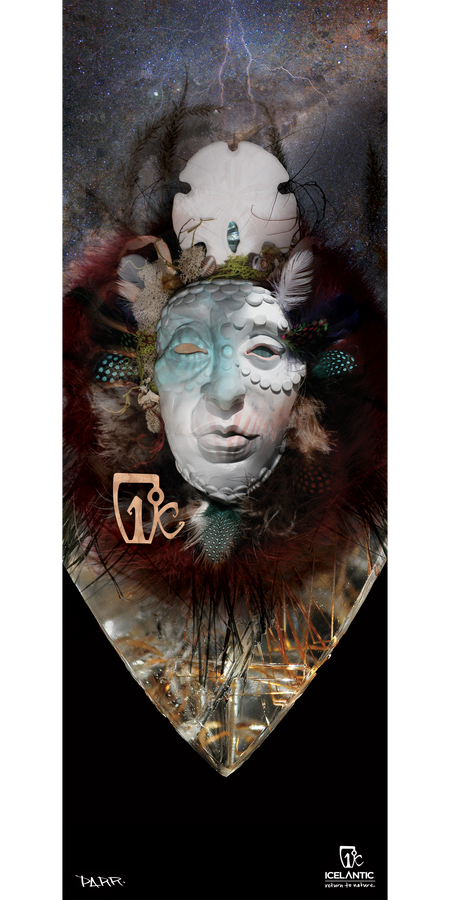 A surreal mask adorned with feathers, shells, and abstract elements is set against a cosmic sky and intricate textures in the "14/15 Gemini Fine Art Print" by Icelantic. Offered as a fine art print or a giclée print on wrapped canvas, this piece features the Icelantic logo in the bottom right corner.