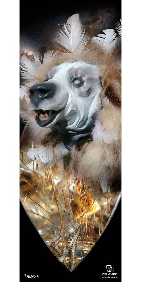 A captivating illustration titled "14/15 Gypsy Fine Art Print" by Icelantic features a snarling wolf adorned with a feathered headdress and glowing eyes, set against a starry night backdrop. The lower portion displays sharp golden grasses and sparkling textures, making it a stunning choice for display as a giclee or fine art print on wrapped canvas.