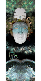 Experience the 14/15 Keeper Fine Art Print by Icelantic, featuring a surreal mask adorned with aquatic textures, coral, and shells, set amidst underwater hues and dark branches. This striking composition is available as a fine art or giclee print on premium canvas, capturing every vivid detail. The word “We” and the Icelantic logo are displayed at the bottom of the artwork.