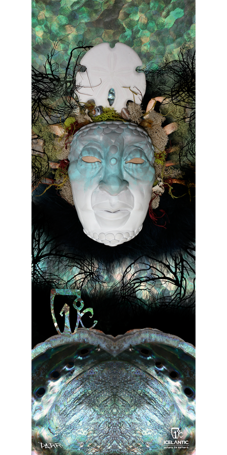 Experience the 14/15 Keeper Fine Art Print by Icelantic, featuring a surreal mask adorned with aquatic textures, coral, and shells, set amidst underwater hues and dark branches. This striking composition is available as a fine art or giclee print on premium canvas, capturing every vivid detail. The word “We” and the Icelantic logo are displayed at the bottom of the artwork.