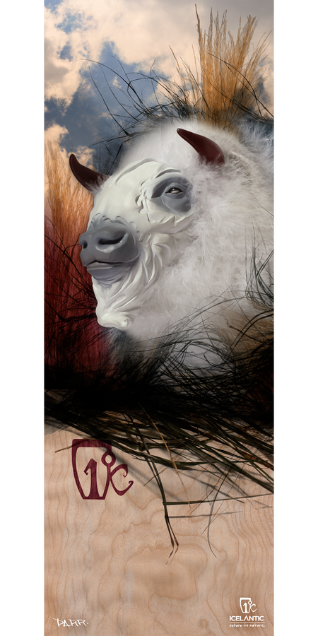 The 14/15 Nomad Fine Art Print from Icelantic showcases a stylized white yak with grey accents and horns, set against a backdrop of sky, clouds, and grasses. Beneath the yak, the word "YAK" and the Icelantic brand logo appear on a wooden-textured background. Available as giclee print fine art prints or wrapped canvas, this eye-catching design is a distinctive addition to any space.