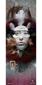 Introducing the 14/15 Oracle Fine Art Print by Icelantic: Featuring a white sculpted mask adorned with raised patterns, framed by vivid feathers in burgundy, green, brown, and white. The textured background amplifies the dramatic composition, making this piece perfect for fine art prints or as a captivating giclee print on wrapped canvas. The bottom of the artwork includes the Icelantic logo, product name, and an artistic signature.