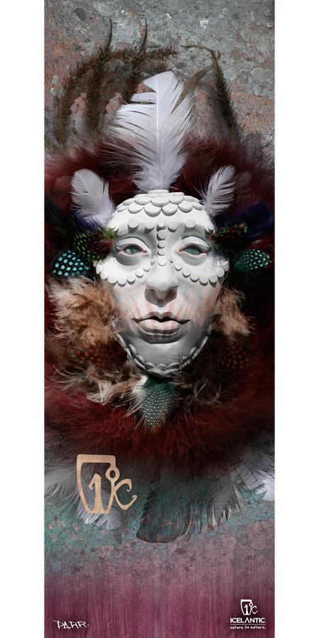 Introducing the 14/15 Oracle Fine Art Print by Icelantic: Featuring a white sculpted mask adorned with raised patterns, framed by vivid feathers in burgundy, green, brown, and white. The textured background amplifies the dramatic composition, making this piece perfect for fine art prints or as a captivating giclee print on wrapped canvas. The bottom of the artwork includes the Icelantic logo, product name, and an artistic signature.