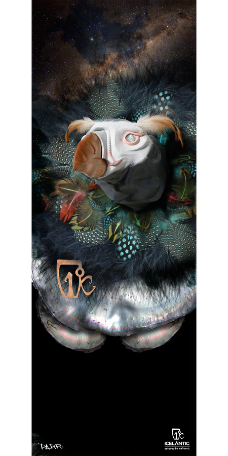 A stylized puffin with colorful feathers sits against a cosmic background, accented by artistic symbols and patterns and featuring the Icelantic logo in the bottom right corner. The 14/15 Pilgrim Fine Art Print by Icelantic is available as a vibrant giclee print or wrapped canvas, making it an out-of-this-world statement piece for any space.
