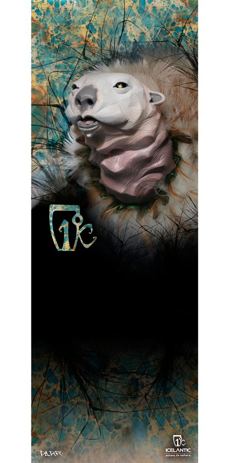 A surreal digital illustration from Icelantic titled "14/15 Scout Fine Art Print" depicts the Capricorn zodiac as a goat with a fishlike neck and textured fur, set among abstract backgrounds. The Capricorn symbol is displayed on the left, with Icelantic branding featured at the bottom. Offered as a stunning giclee print or wrapped canvas, this artwork adds celestial elegance to your space through fine art printing.