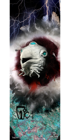A mystical white creature with blue eyes and a feathered mane stands against a stormy, lightning-filled sky above rocky terrain. The image, titled "14/15 Seeker Fine Art Print" by Icelantic, features stylized text and the Icelantic logo at the bottom—perfect for ski topsheet art or fine art prints.